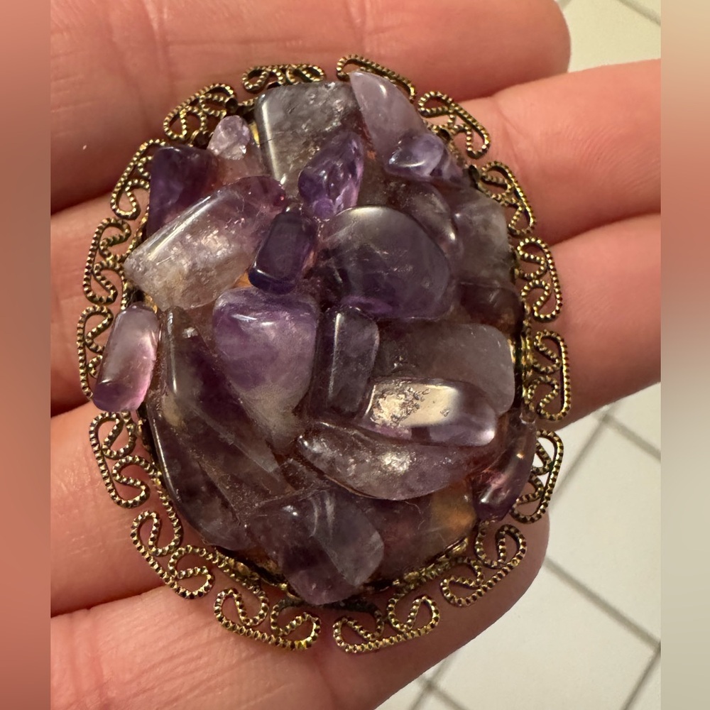 Vintage Gold and Purple Amethyst Brooch. Marked W. Germany. Preowned Beauty